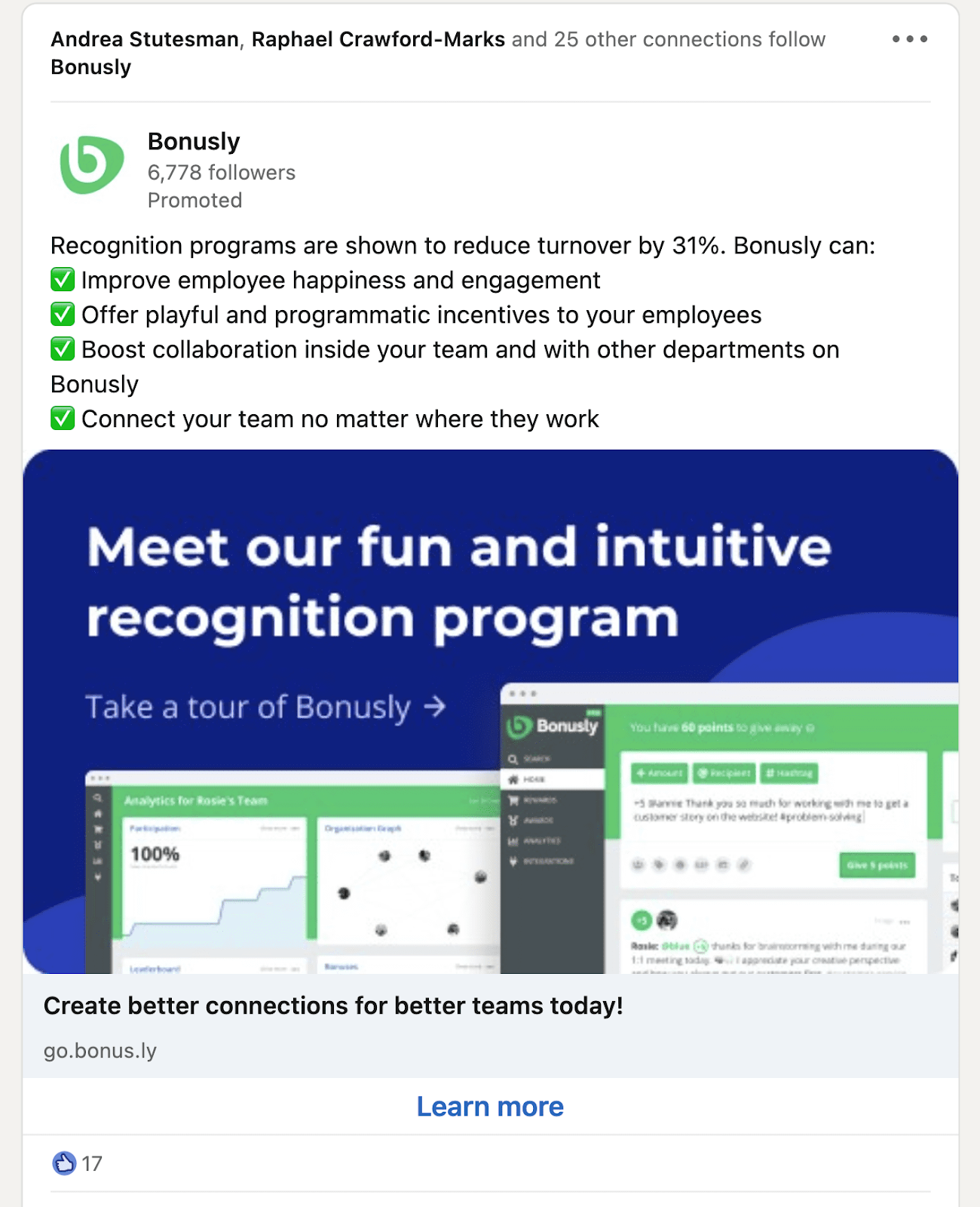 Promoted Bonusly LinkedIn post advertising its recognition program