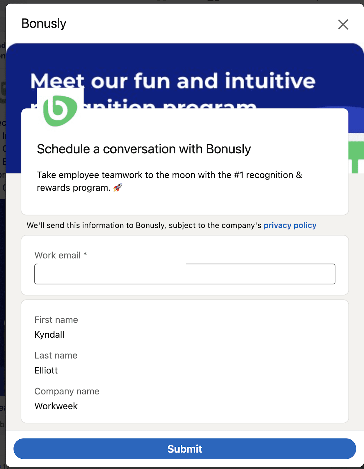 Bonusly conversion form with personal email removed
