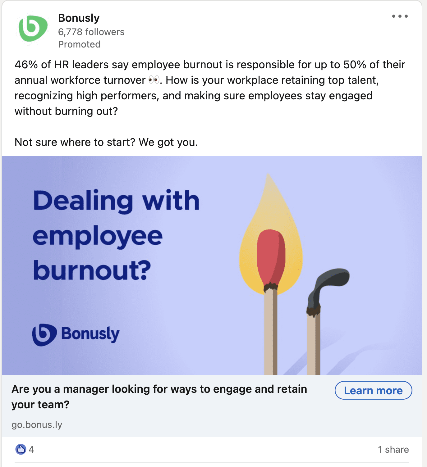 Sponsored Bonusly LinkedIn creative about employee burnout