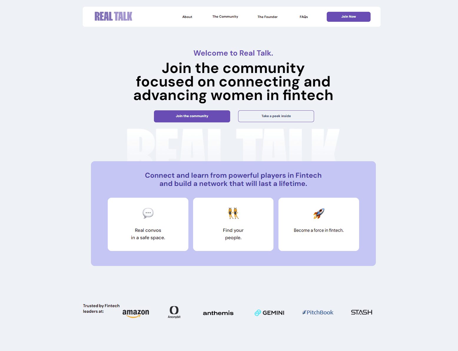 Real Talk landing page for a community connecting women in fintech