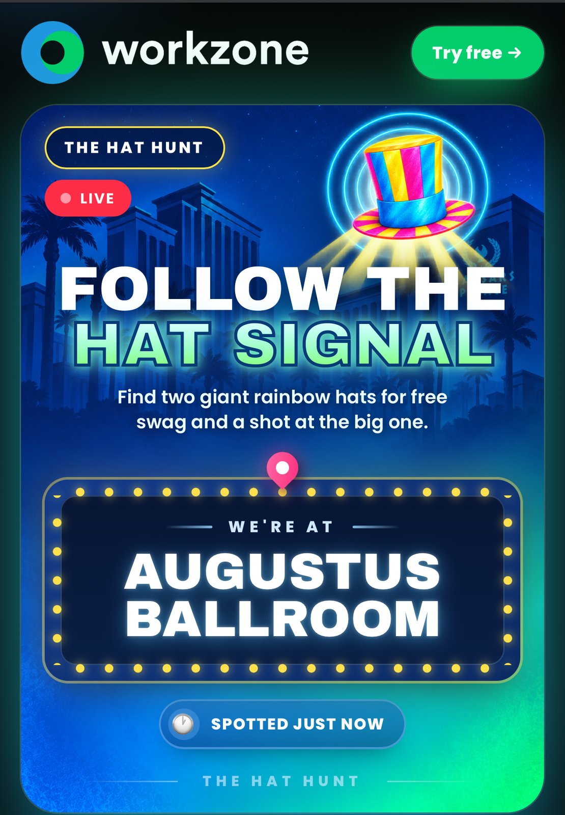 The Hat Hunt app on a phone, showing the hat signal at Augustus Ballroom