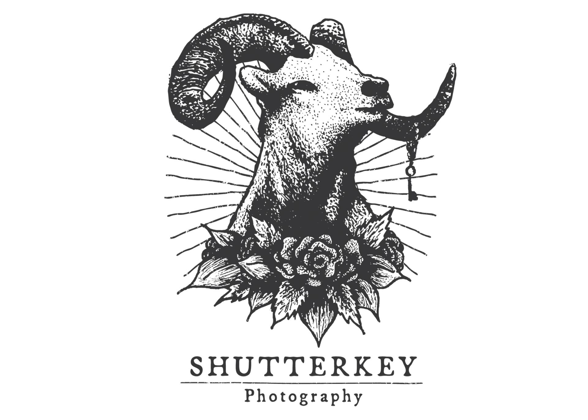 Shutterkey Photography logo: an engraved ram's head with a key in its mouth above a rose, with the wordmark beneath