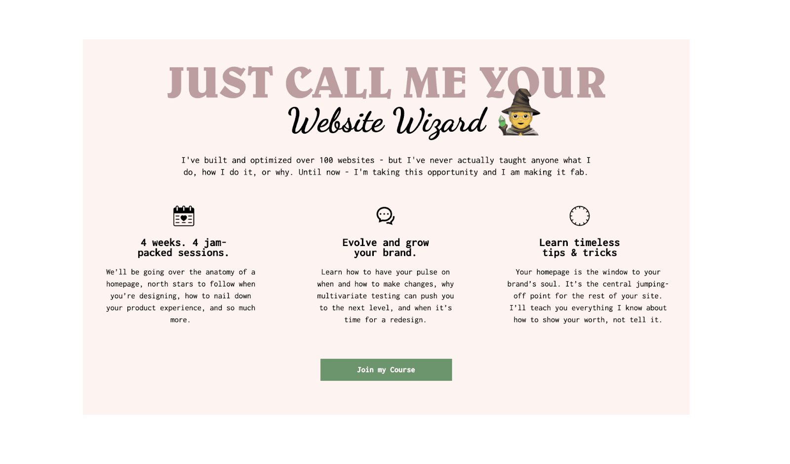 Website Wizard course page showing four weeks of sessions and a course signup button